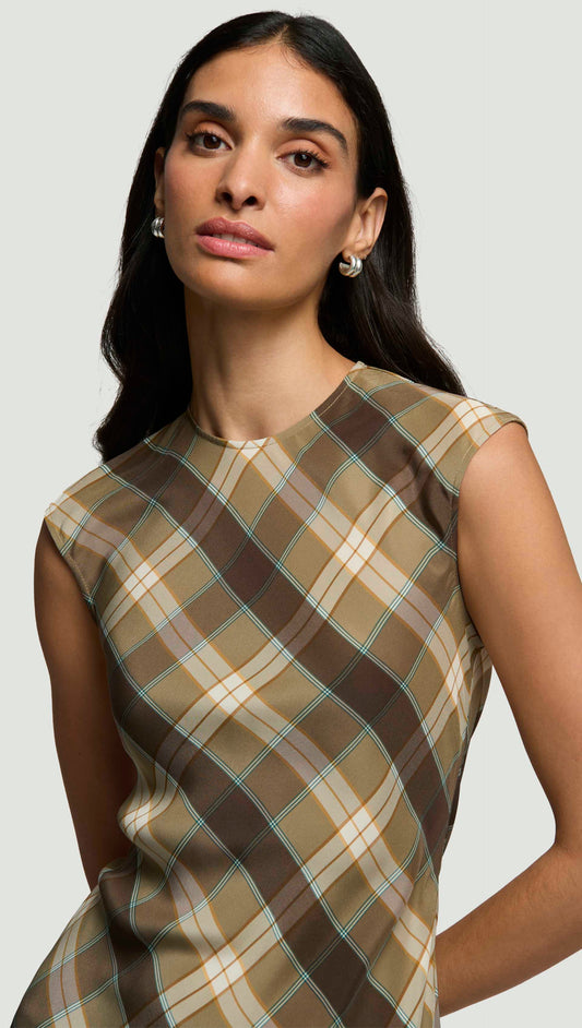 Bias Dress in Silk Charmeuse | Brown Plaid