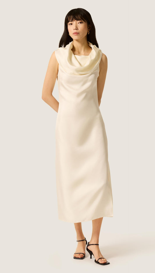Funnel Neck Dress in Silk Twill | Ivory