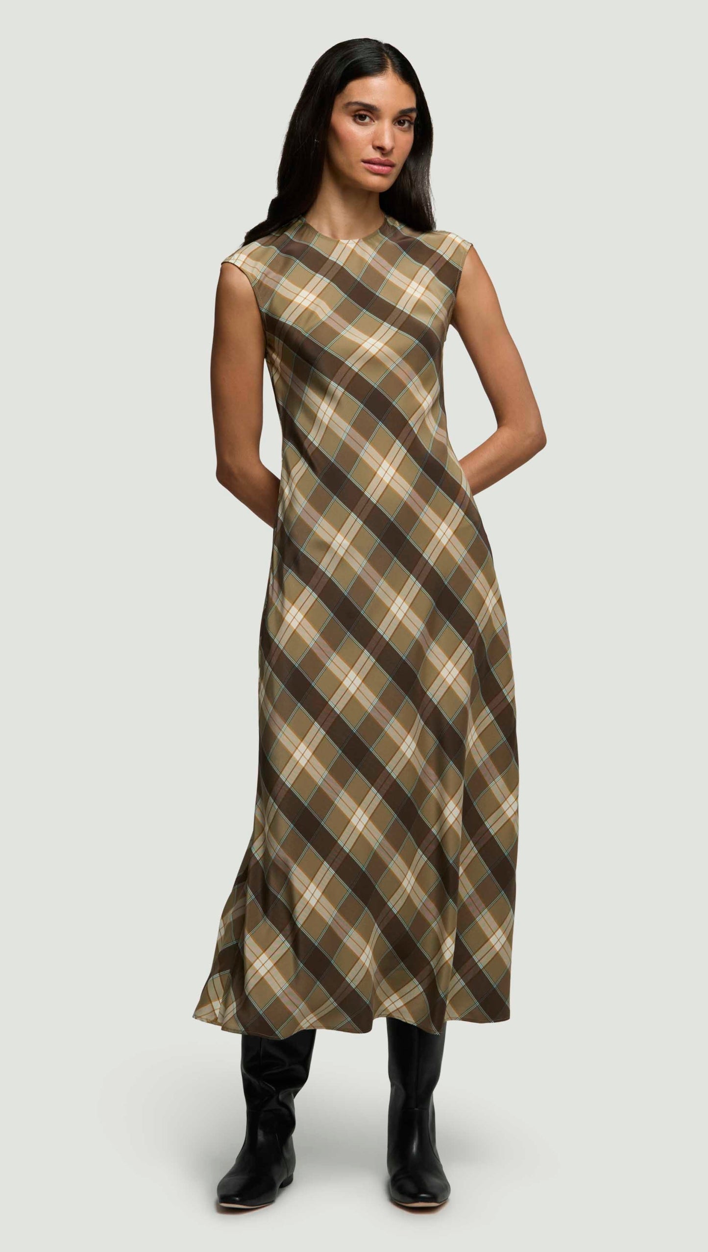 Bias Dress in Silk Charmeuse | Brown Plaid