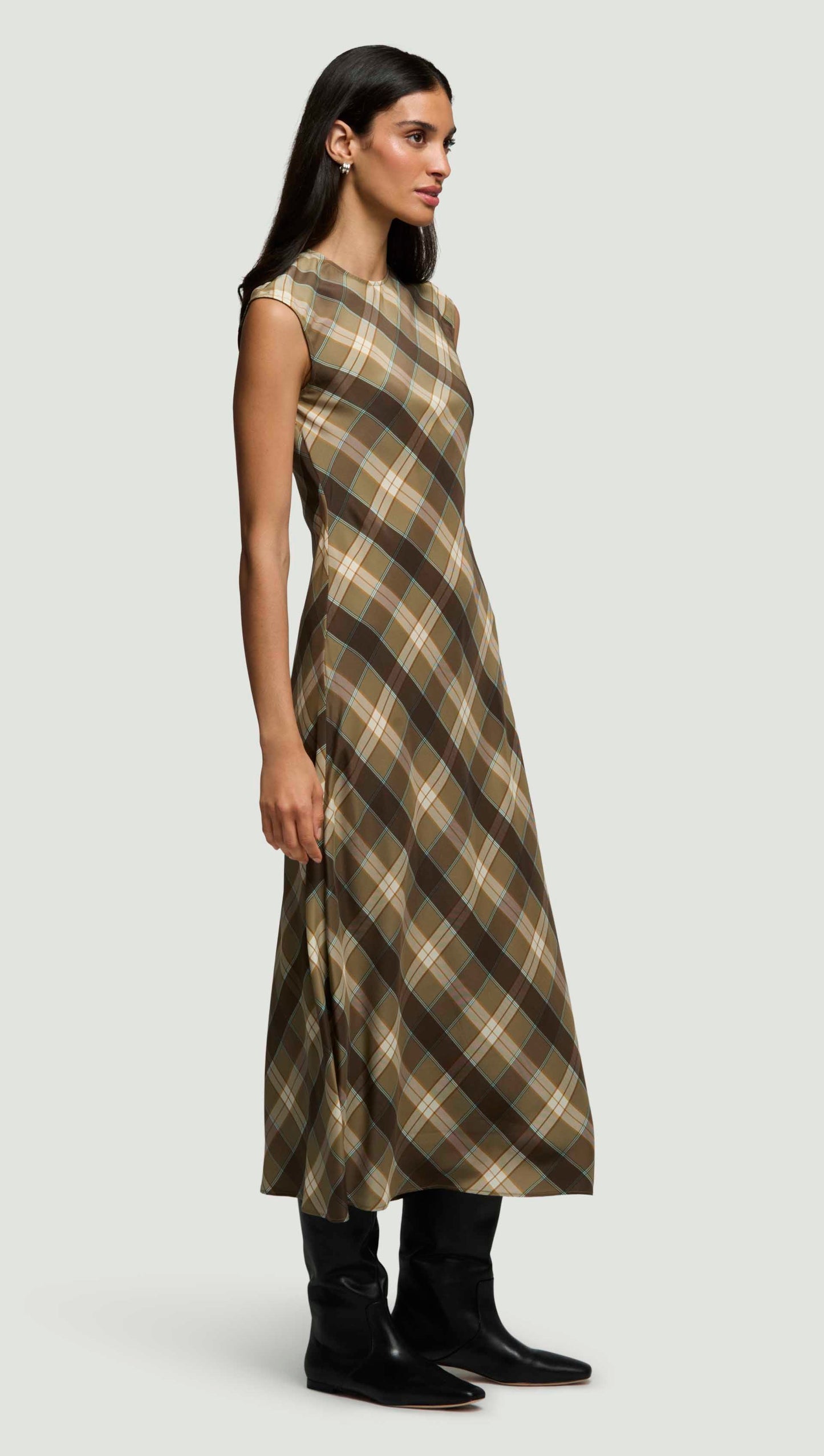 Bias Dress in Silk Charmeuse | Brown Plaid