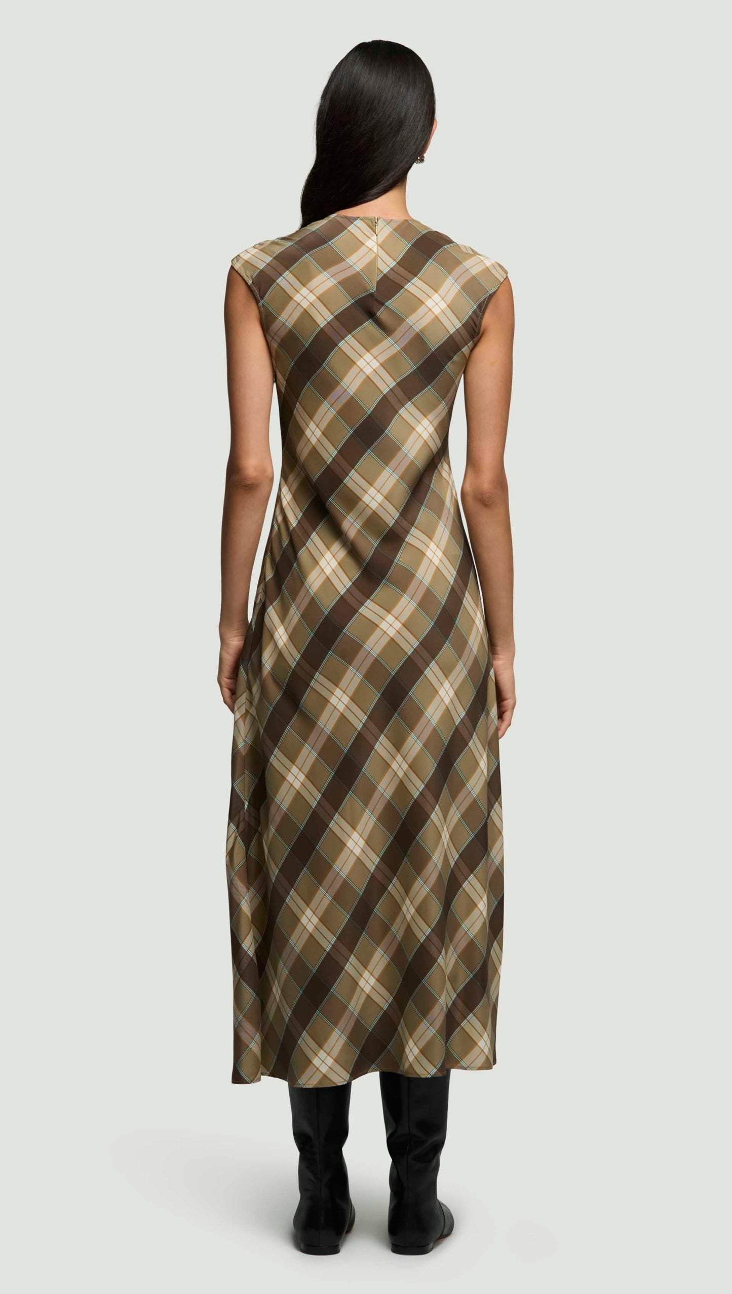 Bias Dress in Silk Charmeuse | Brown Plaid