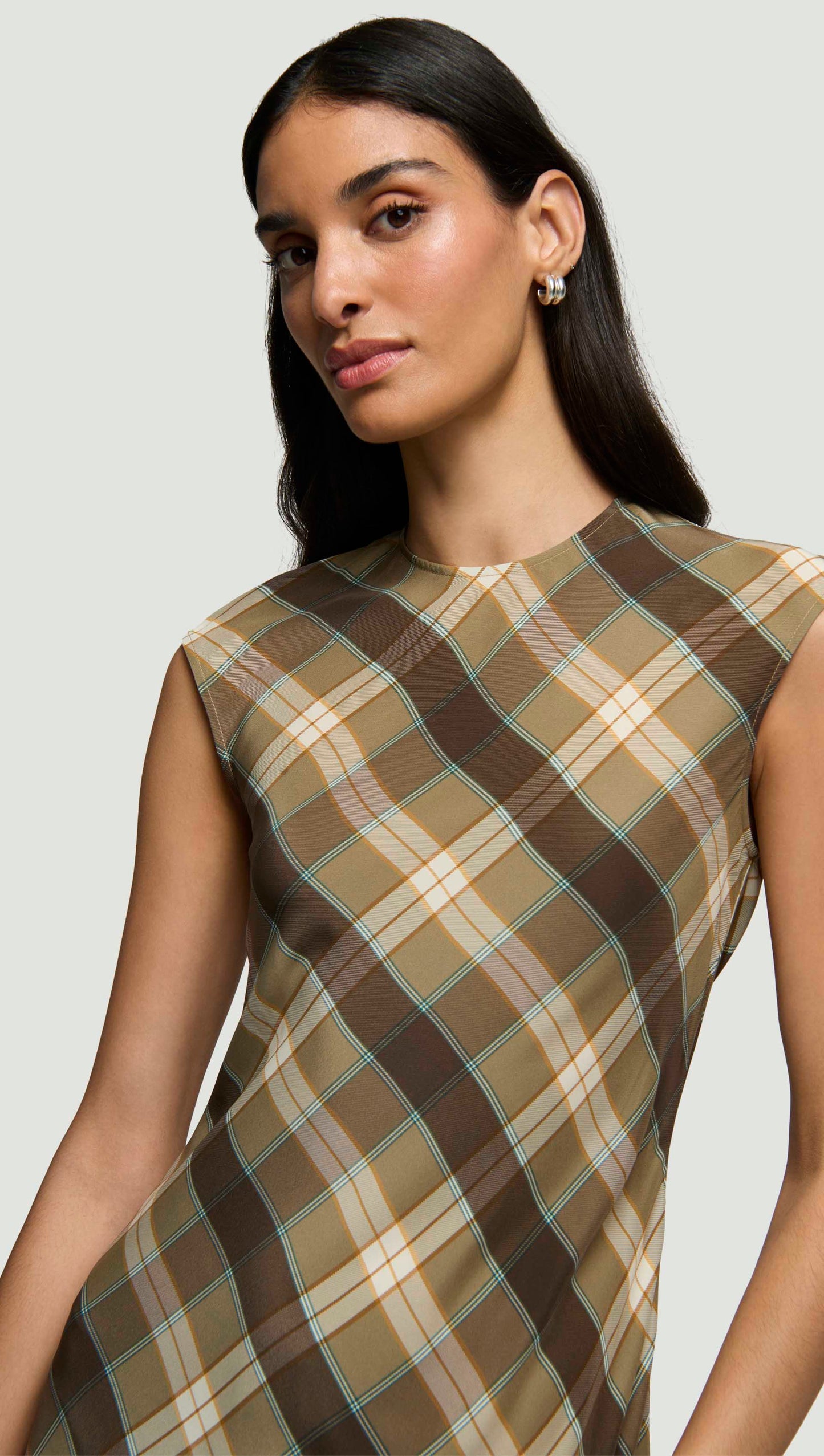 Bias Dress in Silk Charmeuse | Brown Plaid