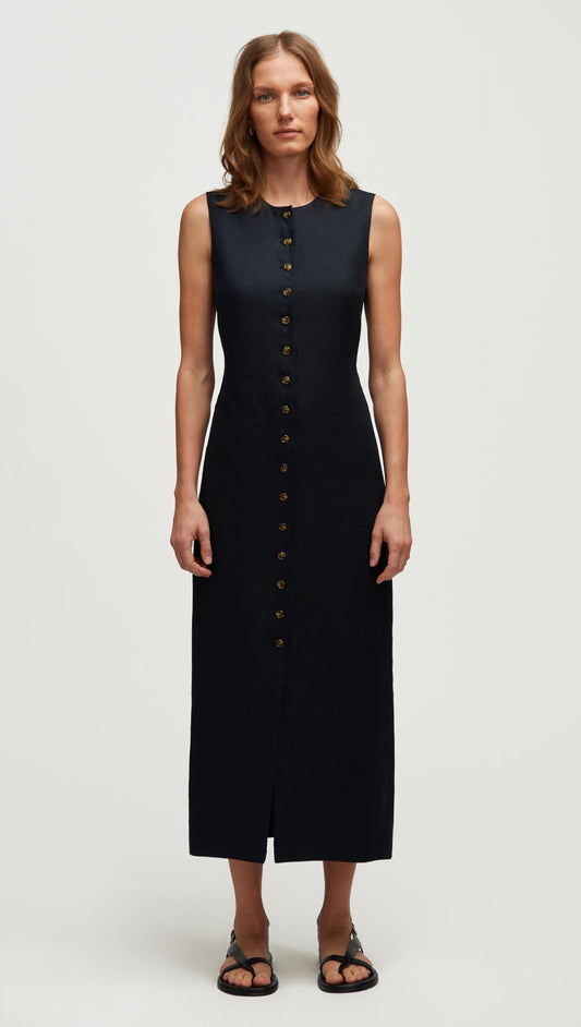 Button Dress in Basket Weave Linen | Midnight