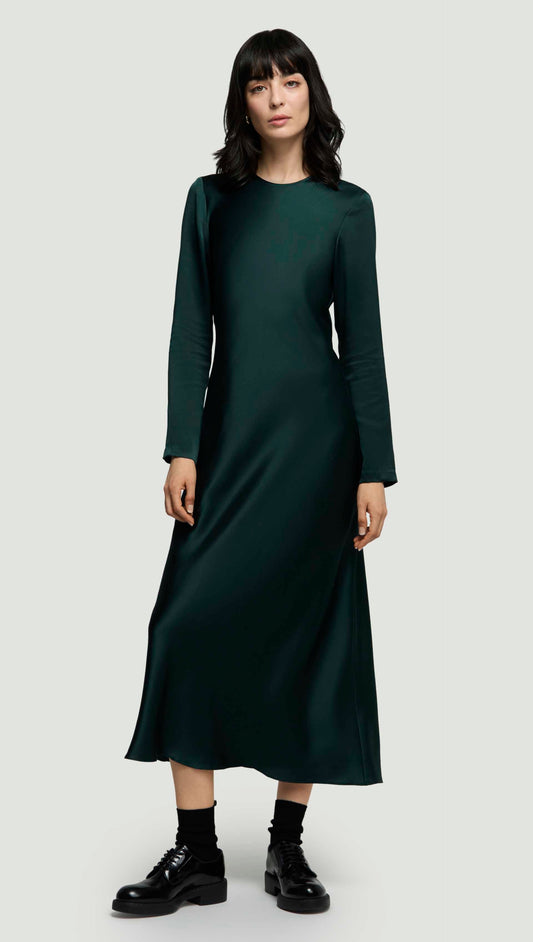 Longsleeve Bias Dress in Silk Charmeuse | Deep Forest