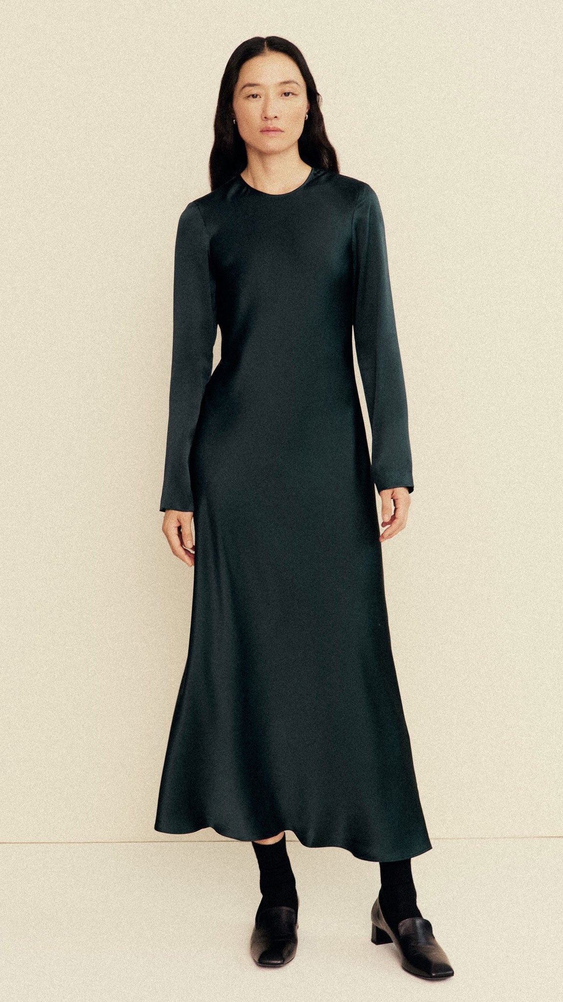 Longsleeve Bias Dress in Silk Charmeuse | Deep Forest