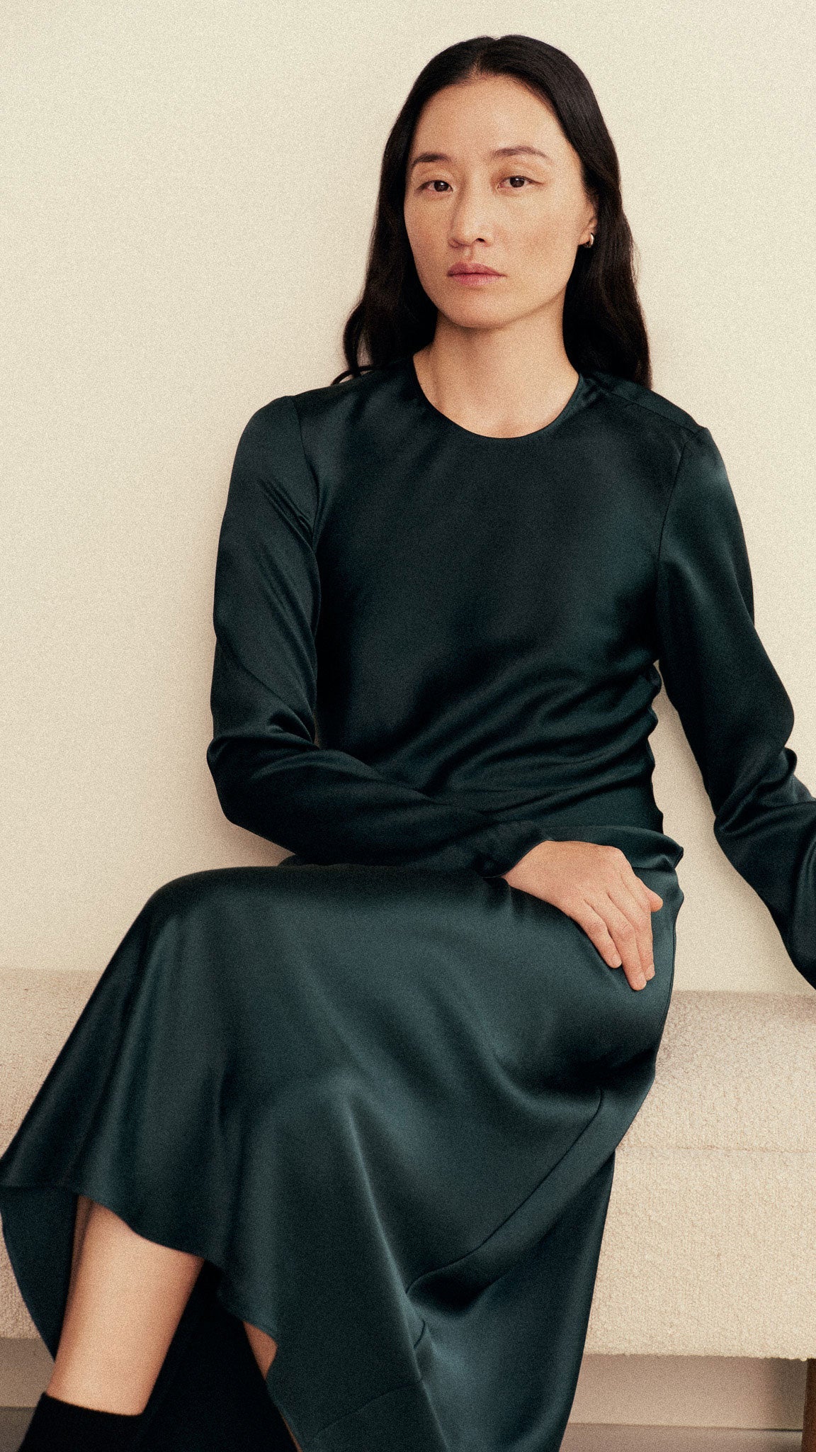 Longsleeve Bias Dress in Silk Charmeuse | Deep Forest