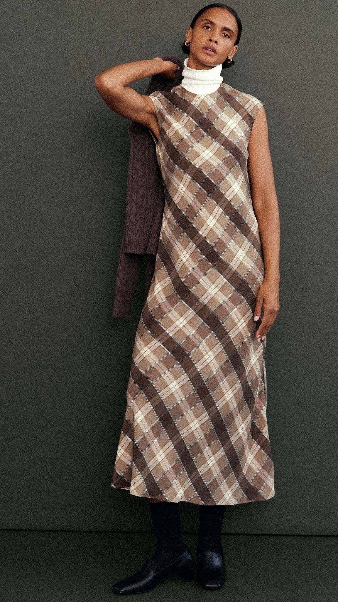 Bias Dress in Silk Charmeuse | Brown Plaid