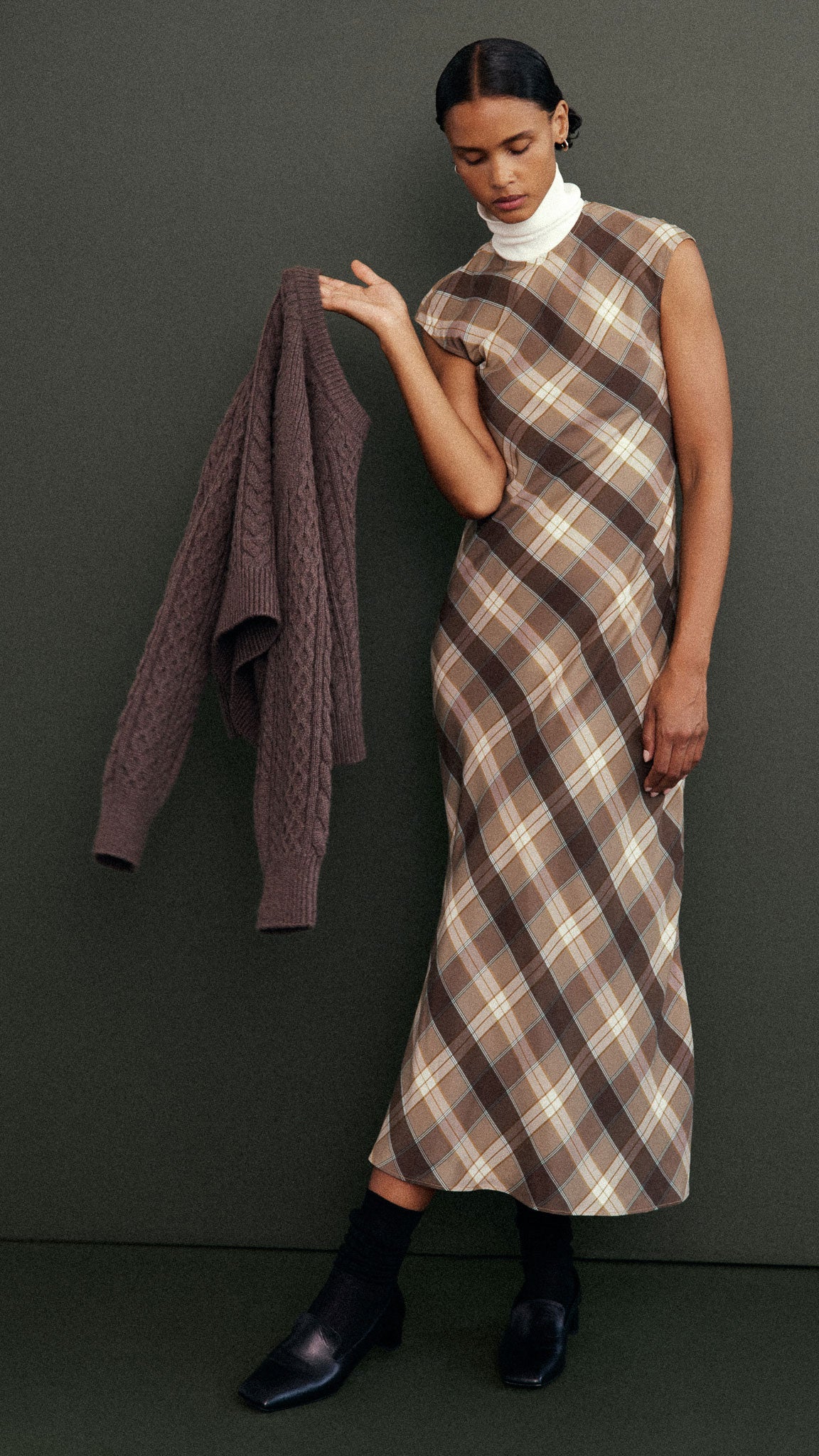 Bias Dress in Silk Charmeuse | Brown Plaid