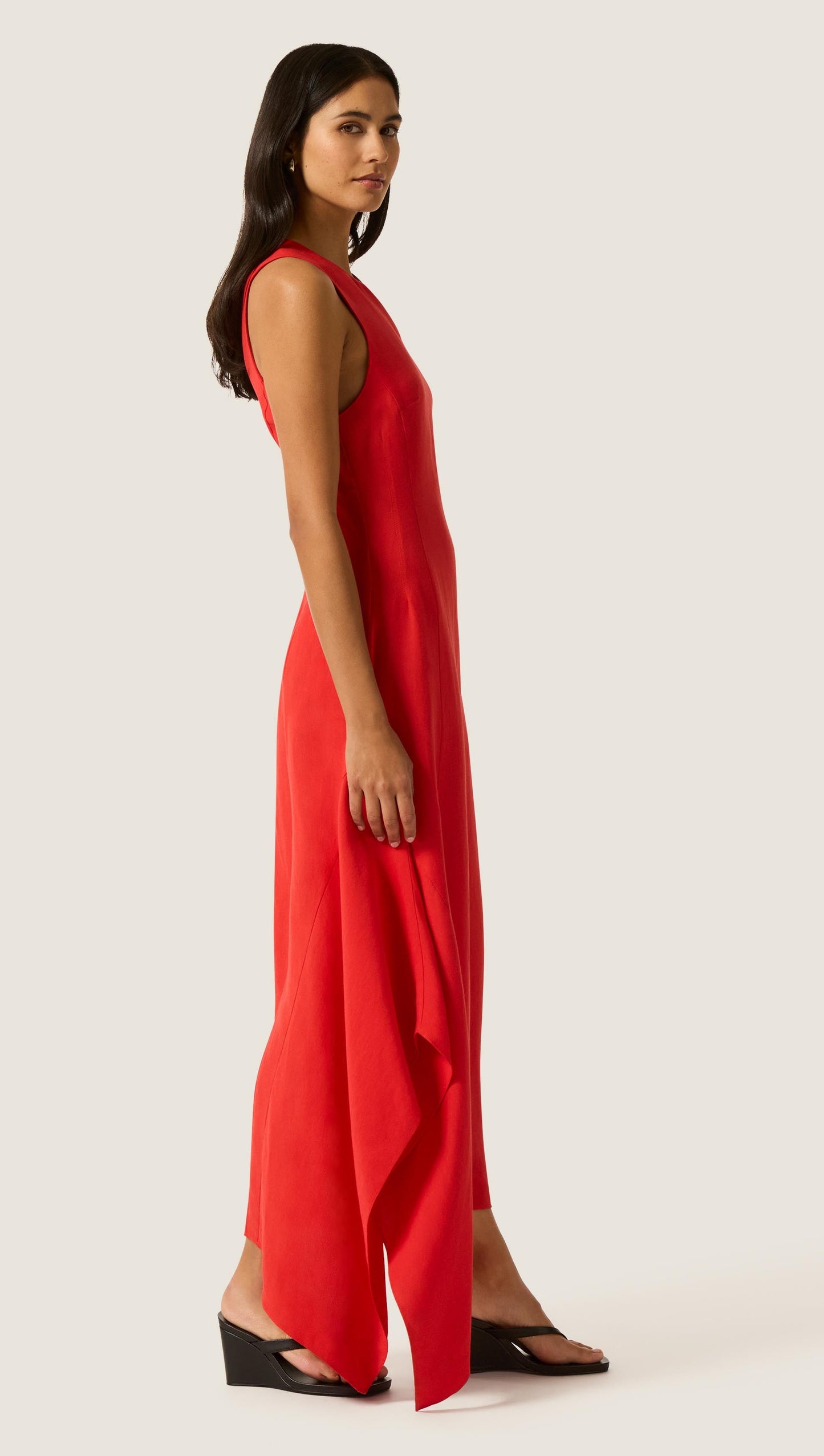 Asymmetrical Dress in Viscose Linen | Coral Red