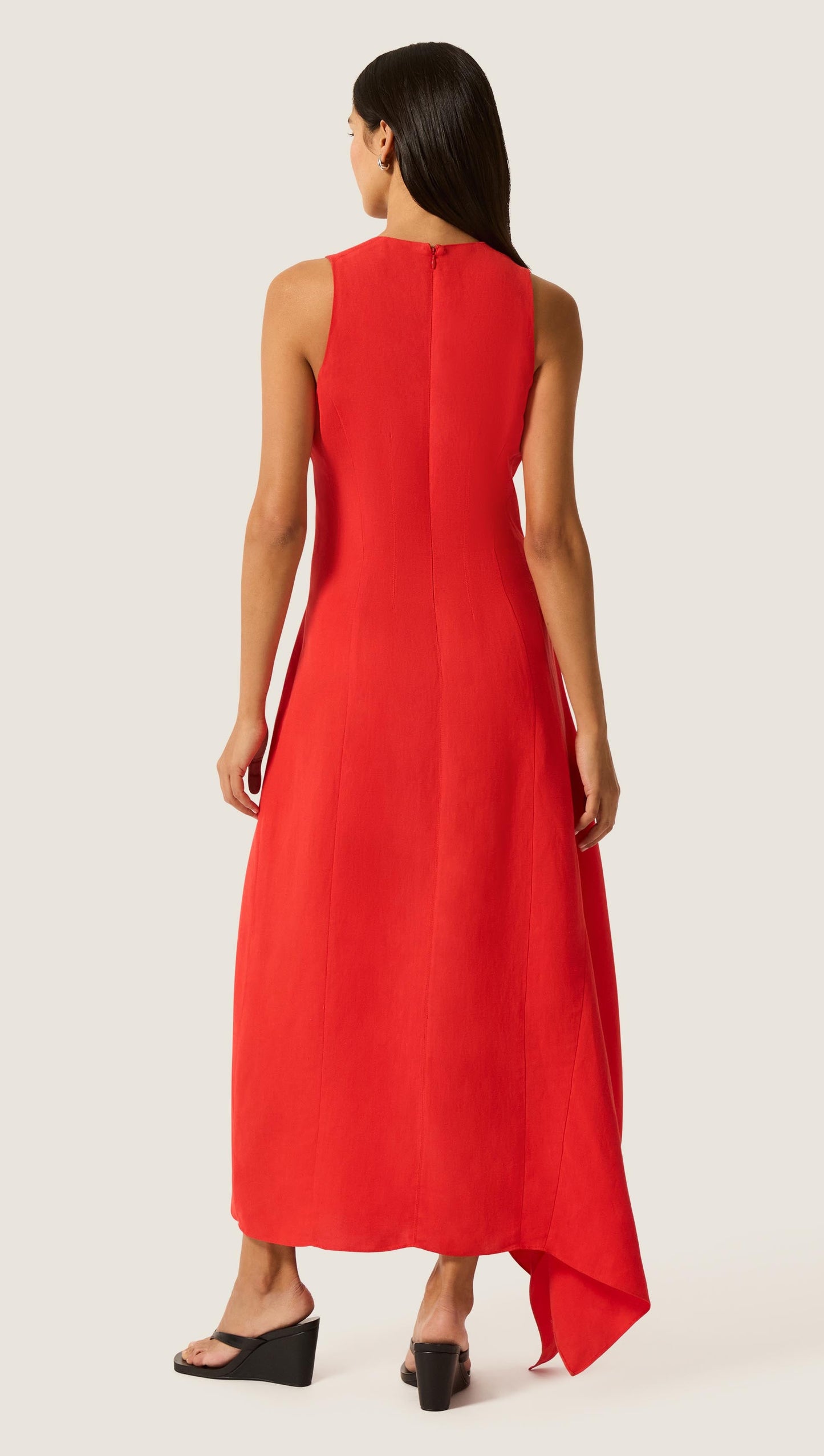 Asymmetrical Dress in Viscose Linen | Coral Red