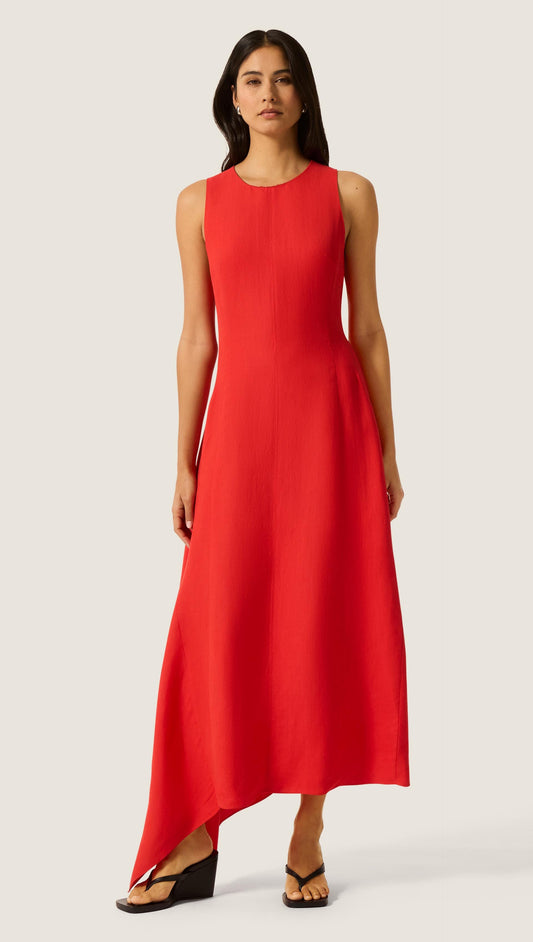 Asymmetrical Dress in Viscose Linen | Coral Red