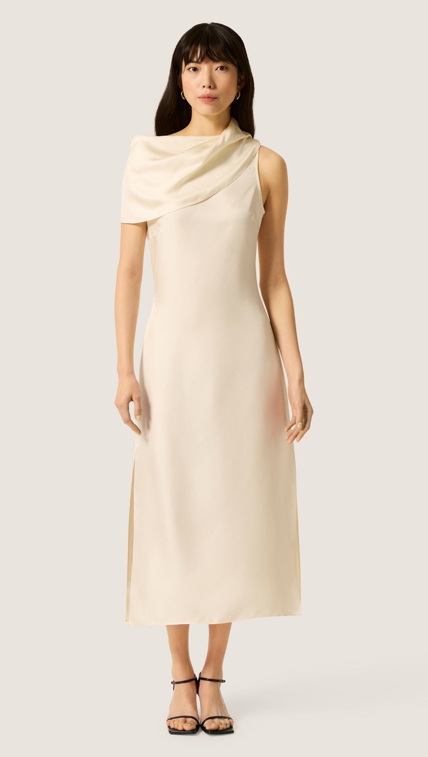 Funnel Neck Dress in Silk Twill | Ivory