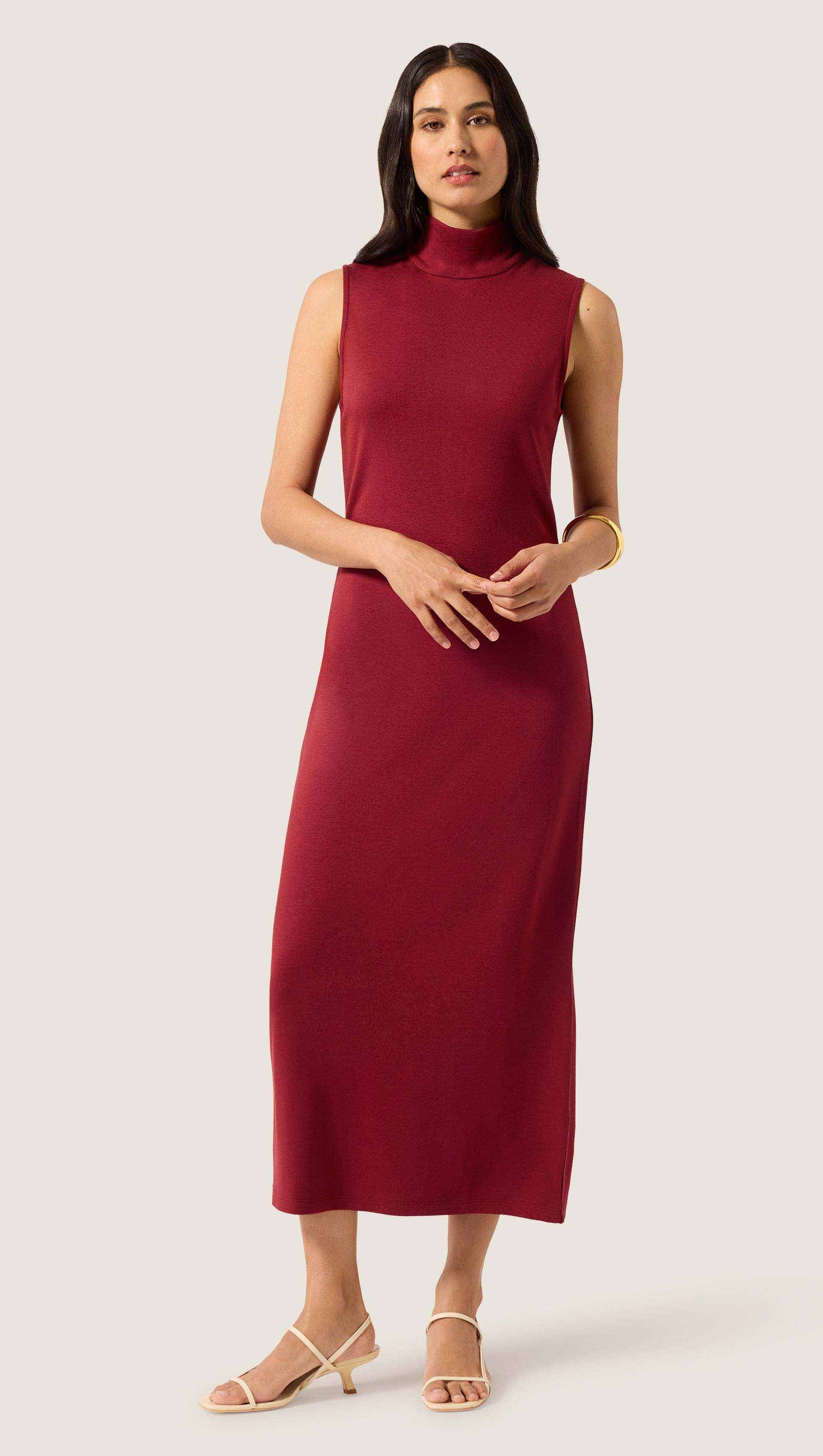 Sleeveless Mock Neck Dress in Wool Jersey | Maroon