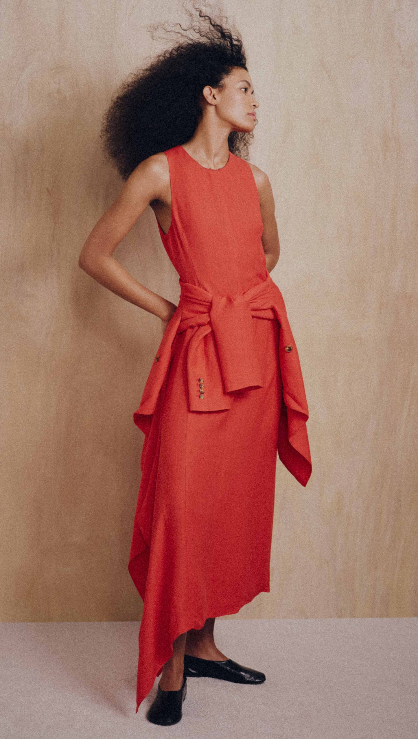 Asymmetrical Dress in Viscose Linen | Coral Red