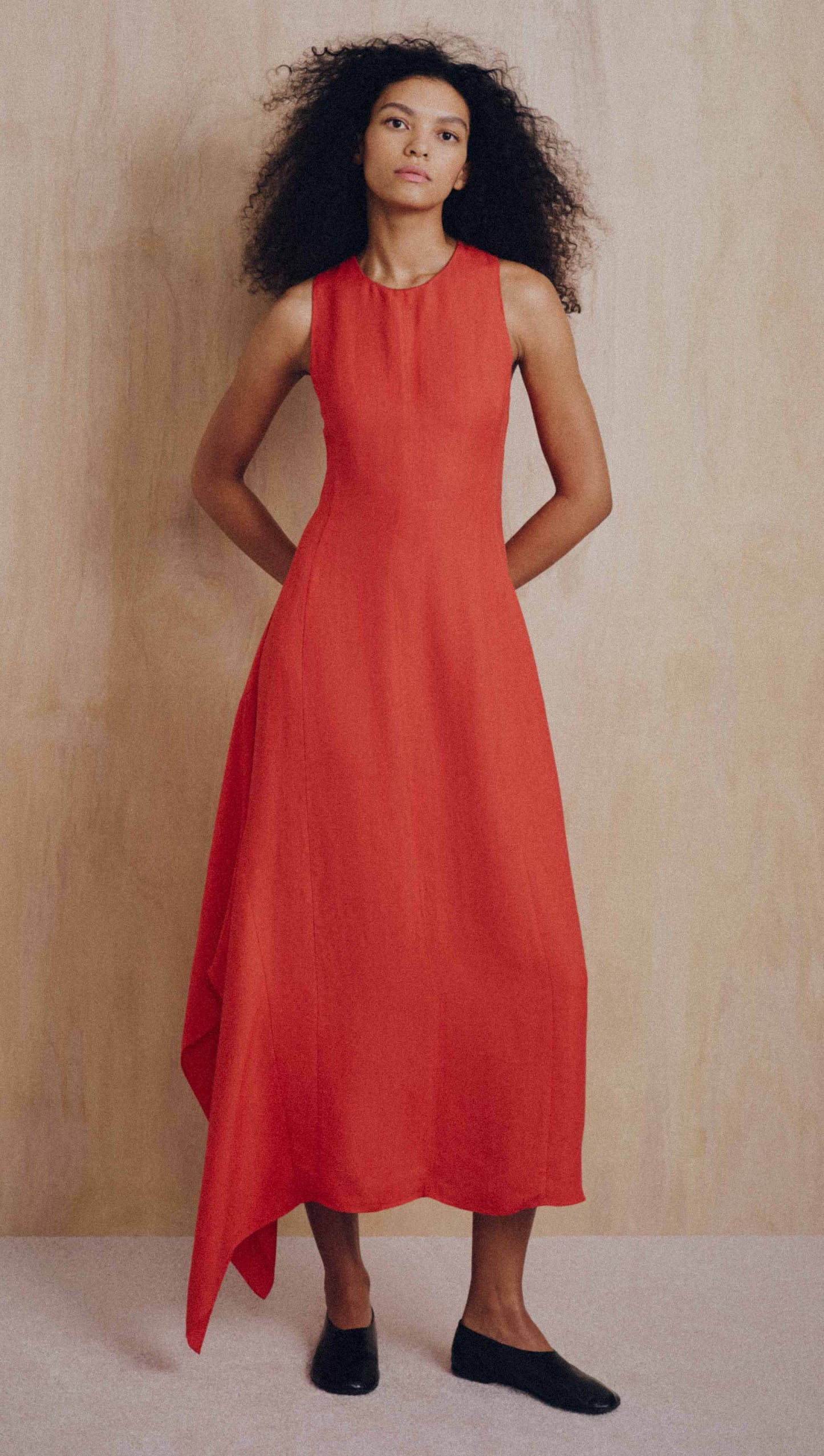 Asymmetrical Dress in Viscose Linen | Coral Red